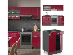 Kochfelder|Kühlschränke<Vicco R-Line Küchenzeile Bordeaux Hochglanz/Anthrazit 200 cm ohne Arbeitsplatte ohne E-Geräte
