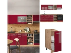 Vicco R-Line Küchenzeile Bordeaux Hochglanz/Goldkraft Eiche 240 cm ohne Arbeitsplatte ohne E-Geräte< Einbauküchen