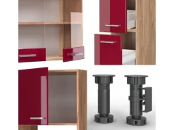 Outlet Vicco R-Line Küchenzeile Bordeaux Hochglanz/Goldkraft Eiche 350 cm mit Hochschrankohne Arbeitsplatte ohne E-Geräte Bordeaux-Glanz