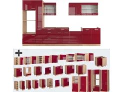 Outlet Vicco R-Line Küchenzeile Bordeaux Hochglanz/Goldkraft Eiche 350 cm mit Hochschrankohne Arbeitsplatte ohne E-Geräte Bordeaux-Glanz