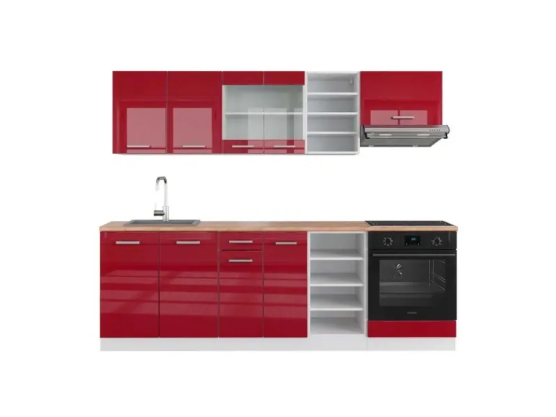 Clearance Vicco R-Line Küchenzeile Bordeaux Hochglanz/Weiß 240 cm AP Eiche ohne E-Geräte Brilliant Bordeaux