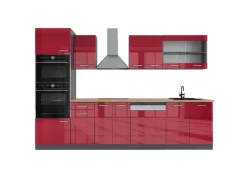 Best Vicco R-Line Küchenzeile Bordeaux Hochglanz/Anthrazit 300 cm mit HochschrankAP Eiche ohne E-Geräte Brilliant Bordeaux
