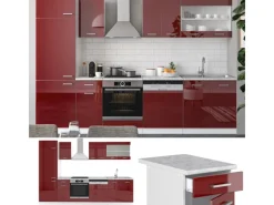 New Vicco R-Line Küchenzeile Bordeaux Hochglanz/Weiß 300 cm AP Anthrazit ohne E-Geräte Brilliant Bordeaux