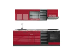 Best Vicco R-Line Küchenzeile Bordeaux Hochglanz/Anthrazit 240 cm AP Marmor ohne E-Geräte Brilliant Bordeaux