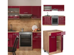 Vicco R-Line Küchenzeile Bordeaux Hochglanz/Goldkraft Eiche 200 cm ohne Arbeitsplatte ohne E-Geräte Bordeaux-Glanz