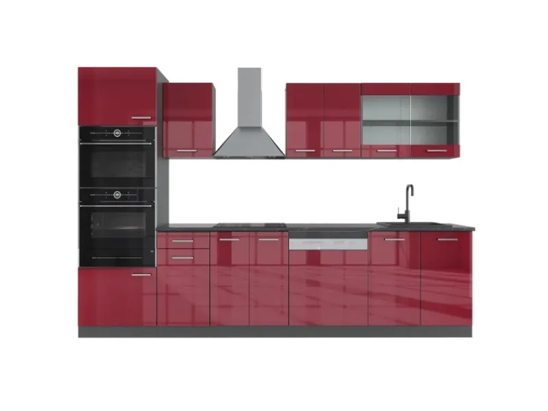 Vicco R-Line Küchenzeile Bordeaux Hochglanz/Anthrazit 300 cm mit HochschrankAP Anthrazit ohne E-Geräte< Einbauküchen