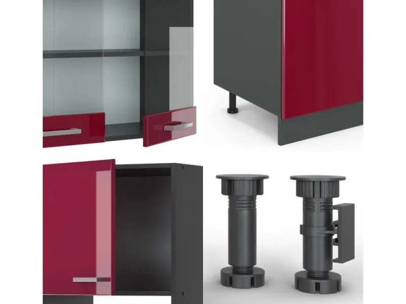 Vicco R-Line Küchenzeile Bordeaux Hochglanz/Anthrazit 300 cm mit HochschrankAP Anthrazit ohne E-Geräte< Einbauküchen