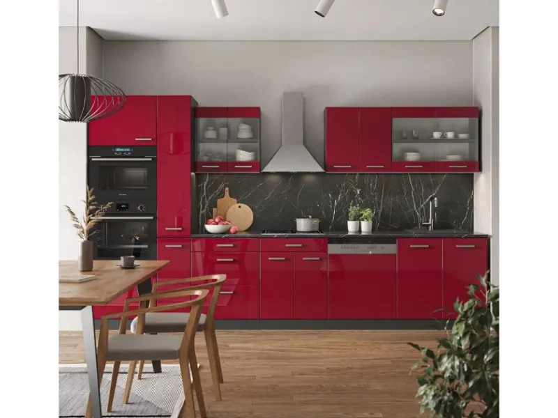 Outlet Vicco R-Line Küchenzeile Bordeaux Hochglanz/Anthrazit 350 cm mit Hochschrankohne Arbeitsplatte ohne E-Geräte Brilliant Bordeaux