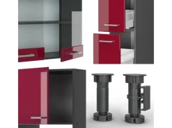 Outlet Vicco R-Line Küchenzeile Bordeaux Hochglanz/Anthrazit 350 cm mit Hochschrankohne Arbeitsplatte ohne E-Geräte Brilliant Bordeaux