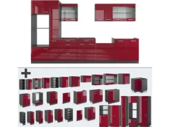 Outlet Vicco R-Line Küchenzeile Bordeaux Hochglanz/Anthrazit 350 cm mit Hochschrankohne Arbeitsplatte ohne E-Geräte Brilliant Bordeaux