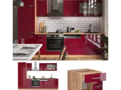 Outlet Vicco R-Line Küchenzeile Bordeaux Hochglanz/Goldkraft Eiche 300 cm AP Anthrazit ohne E-Geräte Bordeaux-Glanz