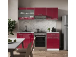 Einbauküchen<Vicco R-Line Küchenzeile Bordeaux Hochglanz/Weiß 200 cm AP Marmor ohne E-Geräte