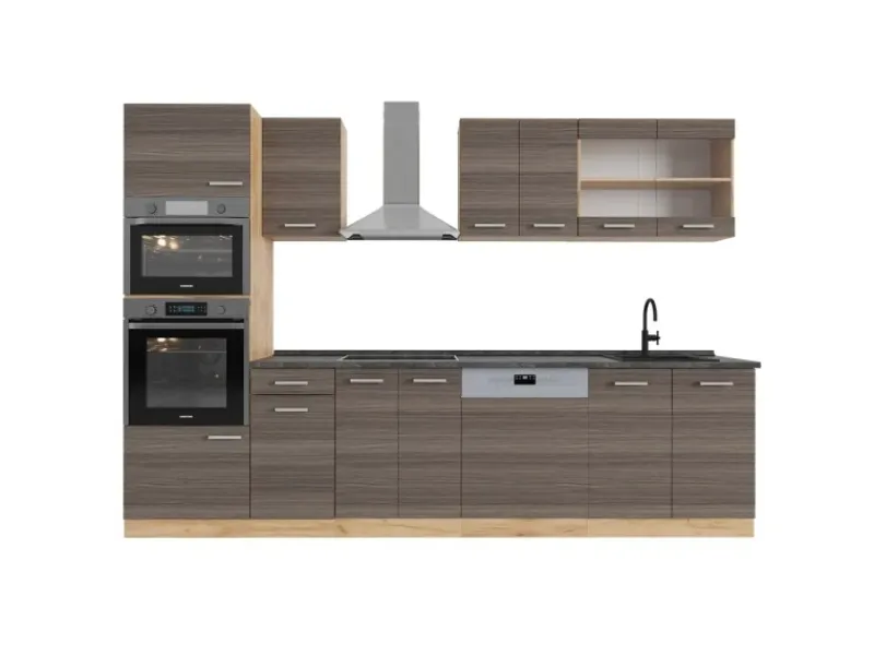 Clearance Vicco R-Line Küchenzeile /Goldkraft Eiche 300 cm mit HochschrankAP Anthrazit ohne E-Geräte Edelgrau