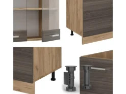 Clearance Vicco R-Line Küchenzeile /Goldkraft Eiche 300 cm mit HochschrankAP Anthrazit ohne E-Geräte Edelgrau