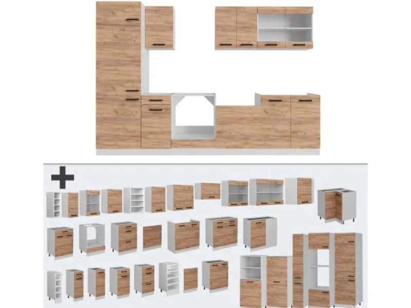 Einbauküchen<Vicco R-Line Küchenzeile Goldkraft /Weiß 300 cm AP Marmor ohne E-Geräte