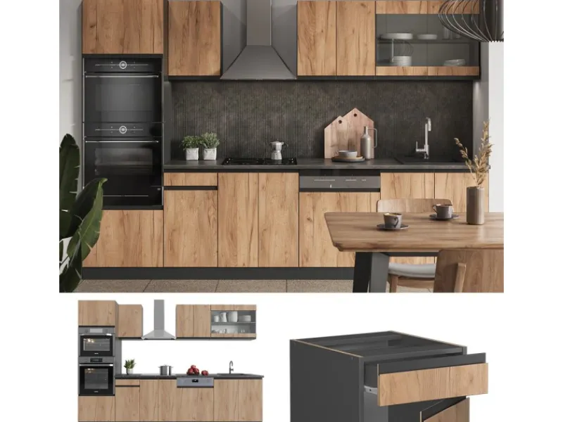 Vicco R-Line Küchenzeile Goldkraft Eiche/Anthrazit 300 cm mit Hochschrank AP Anthrazit ohne E-Geräte< Einbauküchen