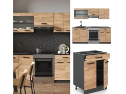 Discount Vicco R-Line Küchenzeile Goldkraft Eiche/Anthrazit 200 cm ohne Arbeitsplatte ohne E-Geräte Anthrazit-Eiche