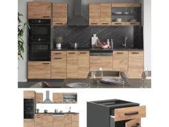Clearance Vicco R-Line Küchenzeile Goldkraft Eiche/Anthrazit 300 cm mit HochschrankAP Marmor ohne E-Geräte Anthrazit-Eiche
