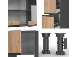 Discount Vicco R-Line Küchenzeile Goldkraft Eiche/Anthrazit 350 cm J-Shapemit Hochschrankohne Arbeitsplatte ohne E-Geräte Anthrazit-Eiche