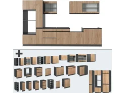 Discount Vicco R-Line Küchenzeile Goldkraft Eiche/Anthrazit 350 cm J-Shapemit Hochschrankohne Arbeitsplatte ohne E-Geräte Anthrazit-Eiche