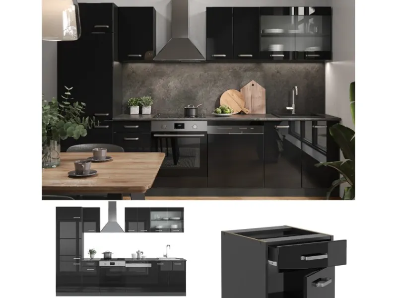 Outlet Vicco R-Line Küchenzeile /Anthrazit 300 cm AP Eiche ohne E-Geräte Schwarz Hochglanz
