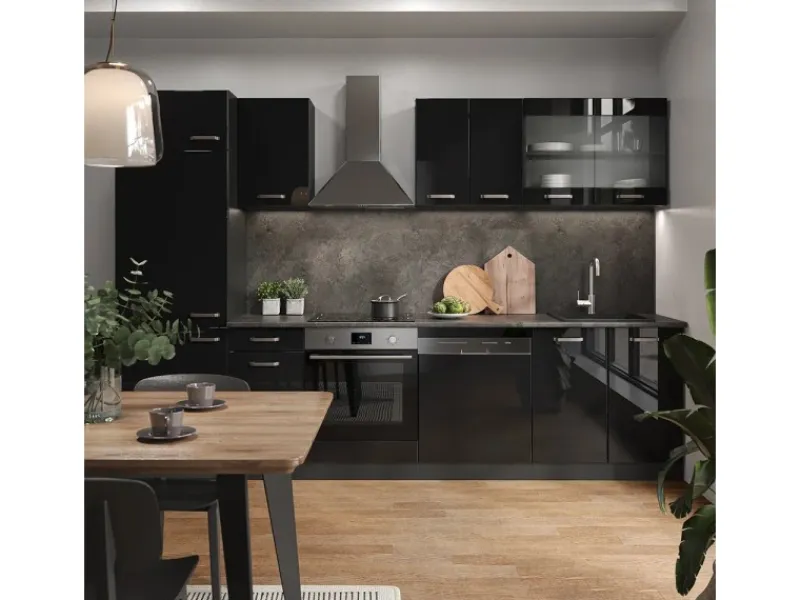 Outlet Vicco R-Line Küchenzeile /Anthrazit 300 cm AP Eiche ohne E-Geräte Schwarz Hochglanz