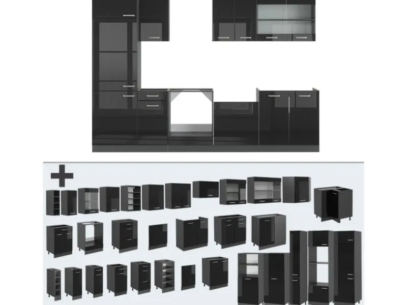 Outlet Vicco R-Line Küchenzeile /Anthrazit 300 cm AP Eiche ohne E-Geräte Schwarz Hochglanz