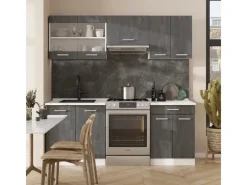 Vicco R-Line Küchenzeile Schwarz Beton/Weiß 200 cm AP Anthrazit ohne E-Geräte Beton Dunkelgrau