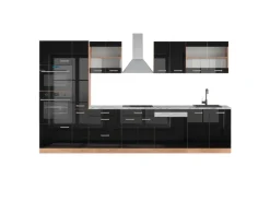 Kochfelder|Kühlschränke<Vicco R-Line Küchenzeile Schwarz-Eiche Hochglanz/Goldkraft Eiche 350 cm mit HochschrankAP Marmor ohne E-Geräte