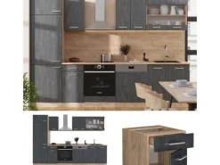 Einbauküchen<Vicco R-Line Küchenzeile Schwarz Beton/Goldkraft Eiche 300 cm AP Eiche ohne E-Geräte