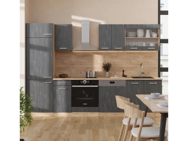 Einbauküchen<Vicco R-Line Küchenzeile Schwarz Beton/Goldkraft Eiche 300 cm AP Eiche ohne E-Geräte