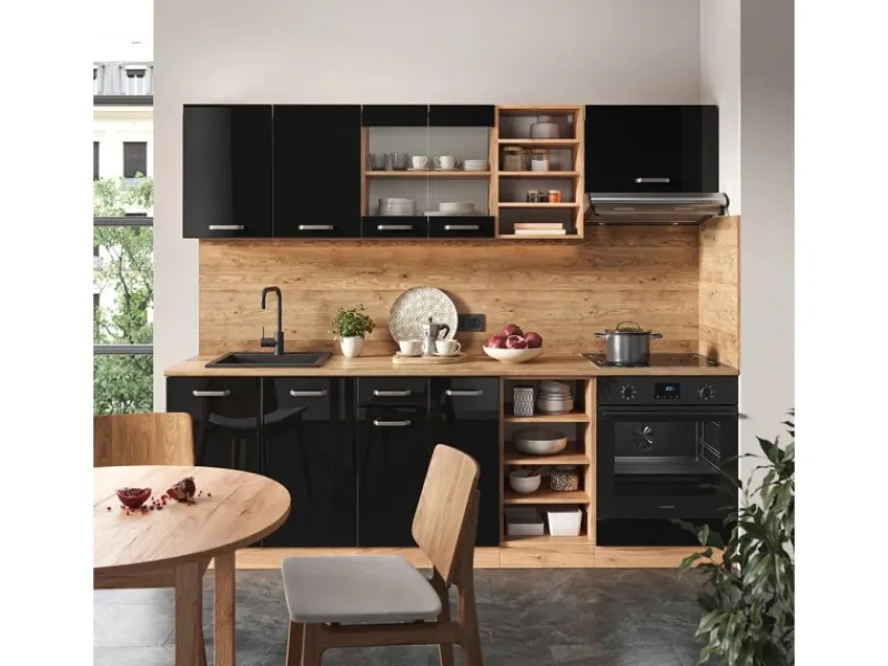 Vicco R-Line Küchenzeile /Goldkraft Eiche 240 cm ohne Arbeitsplatte ohne E-Geräte< Kochfelder|Küchenrückwände