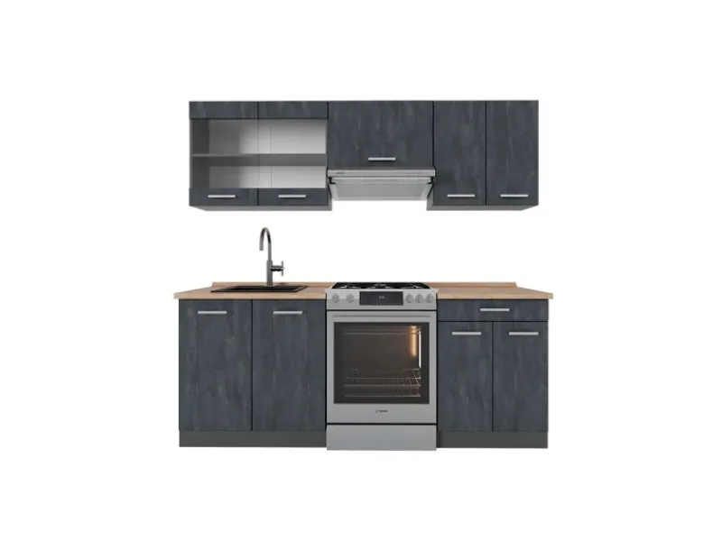 Outlet Vicco R-Line Küchenzeile Schwarz Beton/Anthrazit 200 cm AP Eiche ohne E-Geräte Beton Anthrazit