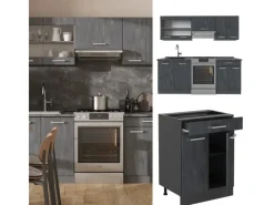 Outlet Vicco R-Line Küchenzeile Schwarz Beton/Anthrazit 200 cm AP Eiche ohne E-Geräte Beton Anthrazit
