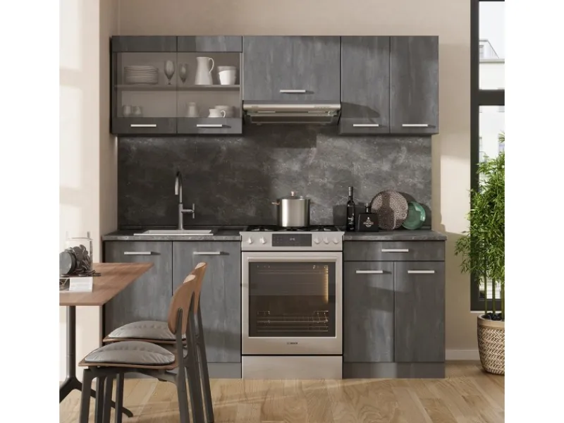 Outlet Vicco R-Line Küchenzeile Schwarz Beton/Anthrazit 200 cm AP Eiche ohne E-Geräte Beton Anthrazit