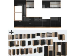 Best Vicco R-Line Küchenzeile 350 cm mit HochschrankAP Eiche ohne E-Geräte Schwarz Hochglanz