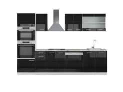 Discount Vicco R-Line Küchenzeile Schwarz Hochglanz 300 cm mit HochschrankAP Marmor ohne E-Geräte Schwarz Glänzend