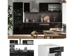 Discount Vicco R-Line Küchenzeile Schwarz Hochglanz 300 cm mit HochschrankAP Marmor ohne E-Geräte Schwarz Glänzend