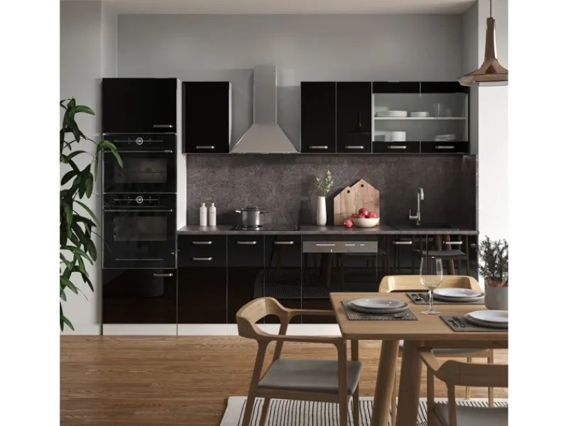 Discount Vicco R-Line Küchenzeile Schwarz Hochglanz 300 cm mit HochschrankAP Marmor ohne E-Geräte Schwarz Glänzend
