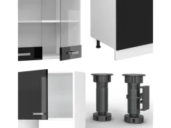 Discount Vicco R-Line Küchenzeile Schwarz Hochglanz 300 cm mit HochschrankAP Marmor ohne E-Geräte Schwarz Glänzend