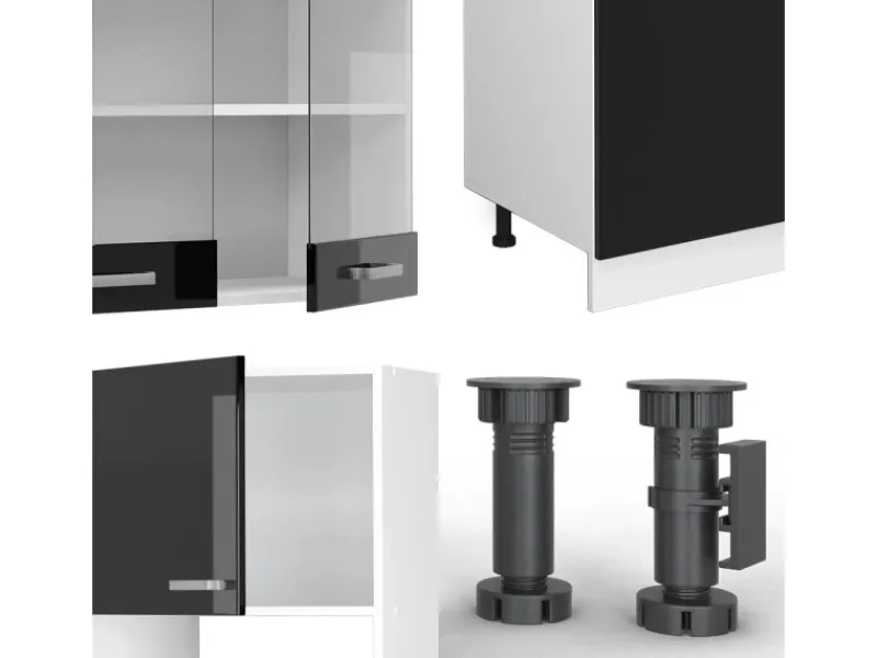 Discount Vicco R-Line Küchenzeile Schwarz Hochglanz 300 cm mit HochschrankAP Marmor ohne E-Geräte Schwarz Glänzend