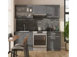 Vicco R-Line Küchenzeile Schwarz Beton/Anthrazit 200 cm AP Marmor ohne E-Geräte< Einbauküchen