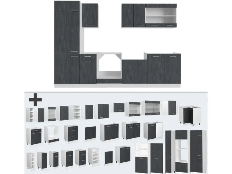 Vicco R-Line Küchenzeile Schwarz Beton/Weiß 300 cm AP Marmor ohne E-Geräte< Küchenschränke|Einbauküchen