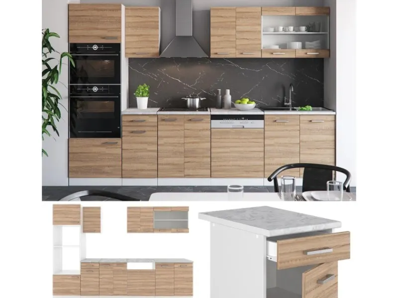 Vicco R-Line Küchenzeile Sonoma/Weiß 300 cm mit HochschrankAP Eiche ohne E-Geräte< Einbauküchen