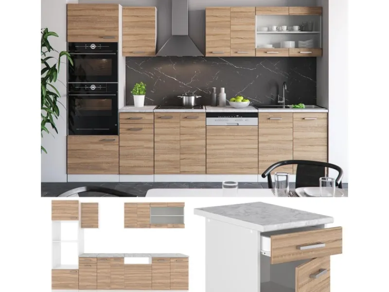 Clearance Vicco R-Line Küchenzeile Sonoma 300 cm mit HochschrankAP Marmor ohne E-Geräte Sonoma Eiche