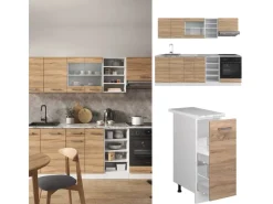 Einbauküchen<Vicco R-Line Küchenzeile Sonoma/Weiß 240 cm AP Marmor ohne E-Geräte