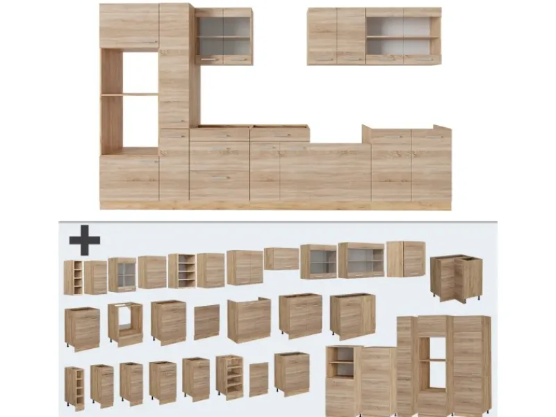 Einbauküchen<Vicco R-Line Küchenzeile Sonoma/Goldkraft Eiche 350 cm ohne Arbeitsplatte ohne E-Geräte