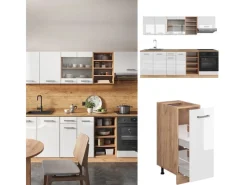 Vicco R-Line Küchenzeile Weiß Hochglanz/Goldkraft Eiche 240 cm ohne Arbeitsplatte ohne E-Geräte< Einbauküchen