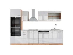 Clearance Vicco R-Line Küchenzeile Weiß Hochglanz/Goldkraft Eiche 300 cm mit HochschrankAP Marmor ohne E-Geräte Hochglanz Weiß