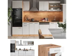 Clearance Vicco R-Line Küchenzeile Weiß Hochglanz/Goldkraft Eiche 300 cm mit HochschrankAP Marmor ohne E-Geräte Hochglanz Weiß